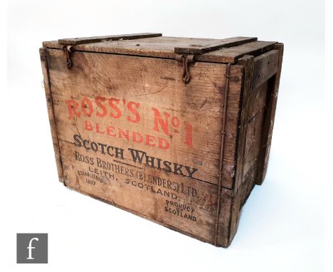A vintage Ross's No. 1 Scottish whisky crate, the wooden crate with printed red and black text, and hinged cover, revealing t