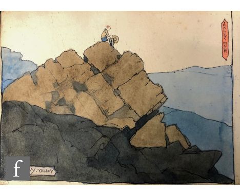 ALBERT WAINWRIGHT (1898-1943) - Ilkley Moor, The Rocky Valley, a sketch of a boy sitting on top of a rocky mountain, to the r