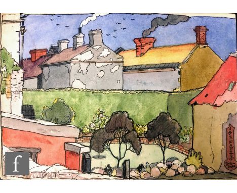 ALBERT WAINWRIGHT (1898-1943) - Jack Fawcett's Garden, a sketch of rooftops with a view into a garden, on the reverse a study