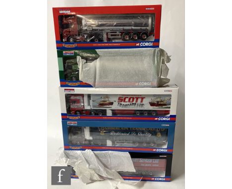 Five Corgi Hauliers of Renown 1:50 scale diecast models, comprising CC13705 Scott Trawlers Scania R Series Topline Fridge Tra