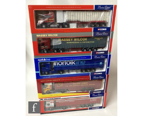 Five Corgi 1:50 scale diecast models, to include CC12808 John Toulson (Teesdale) LTD. Scania T Bulk Tipper, 75206 Massey Wilc
