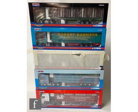 Five Corgi Hauliers of Renown 1:50 scale diecast models, comprising CC13902 R &amp; H Scott Timber Haulage Foden Alpha Log Tr
