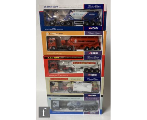 Five Corgi 1:50 scale road transport models, comprising CC11903 British Sugar ERF EC Feldbinder Tanker, 74901 Rugby Cement ER
