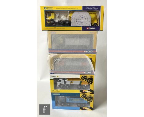 Five Corgi 1:50 scale diecast models, mostly Rigid Tippers, to include, CC13502 Tarmac Volvo FM Aggregate Tipper, CC13604 RMC