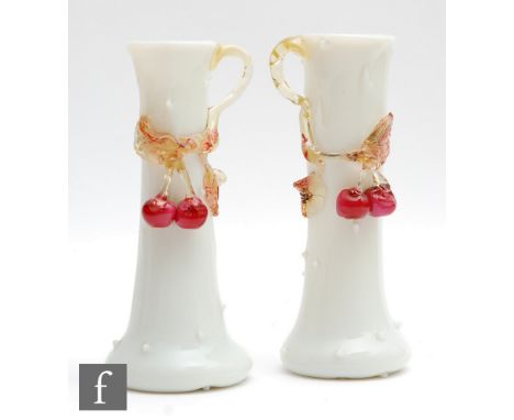 A pair of late 19th Century Rustic form posy vases of tapered sleeve form in opal with pulled decoration and applied fruiting