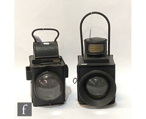 A locomotive black painted industrial head lamp, brass makers plate Beckett &amp; Sons Ltd Bristol, height 40cm, and a BR(M) 