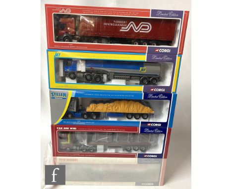 Five Corgi 1:50 scale diecast models, to include CC12209 Pete Osborne Logistics LTD Scania Curtainside, CC12208 Van Der Wiel 