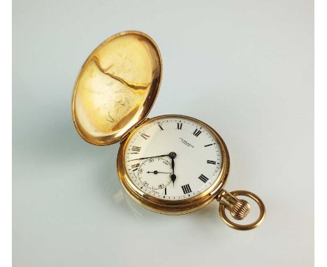 A Gentleman's J.W. Benson 9ct gold full hunter pocket watch, hallmarked Birmingham 1928, the white enamel dial with black Rom