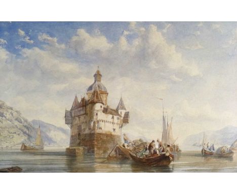 Henry Gritten (1818-1873) Figures Unloading Goods at a Waterside Fortified Tower, signed and dated 1842 bottom left, watercol
