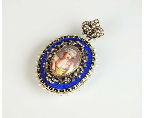 A 19th century enamel and seed pearl portrait pendant, designed as a central oval enamelled miniature of a female within seed