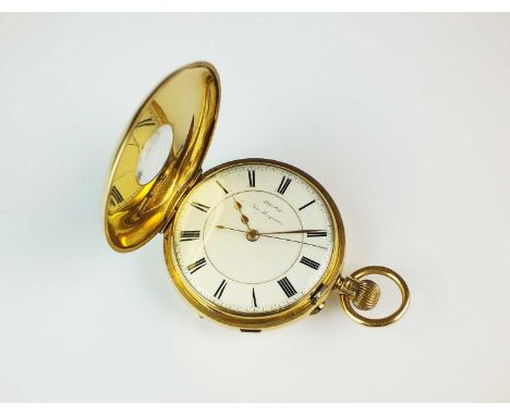 A Gentleman's 18ct gold late 19th century half hunter chronograph pocket watch, hallmarked London 1897, the white enamel dial