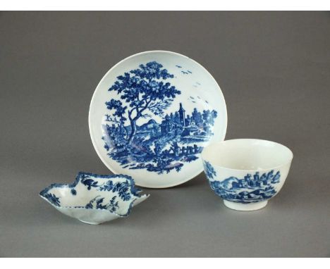 A Worcester pickle leaf dish, tea bowl and saucercirca 1765-75the pickle dish painted with the 'Pickle Leaf Vine' pattern, un