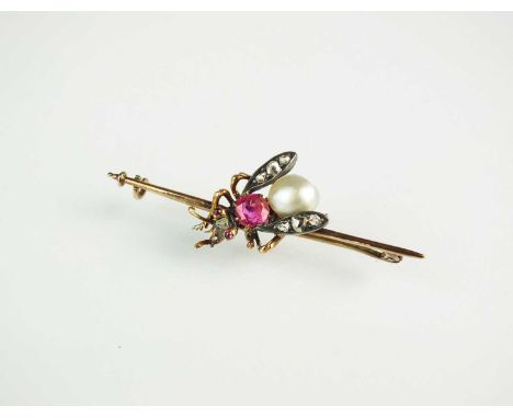 A pink sapphire, untested pearl and diamond insect brooch, the pink sapphire and pearl body set with rose cut diamond wings, 