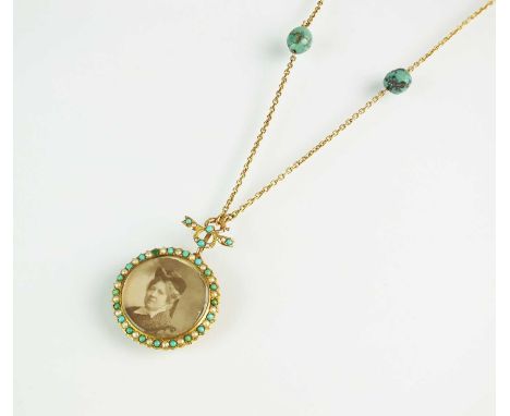 A turquoise and split pearl circular locket pendant, the circular yellow metal pendant with alternating seed pearl and turquo