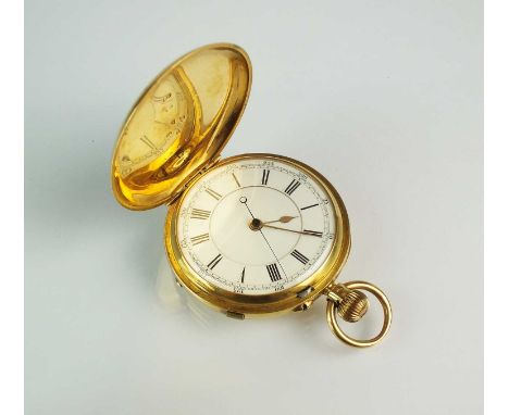 A Gentleman's 19th century 18ct gold full hunter pocket watch, hallmarked Chester 1892, the white enamel dial with black Roma