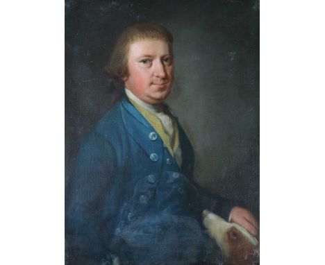 British School (18th Century) Portrait of a gentleman in a blue coat with his hound, oil on canvas, measurements 75 x 56 cmCo