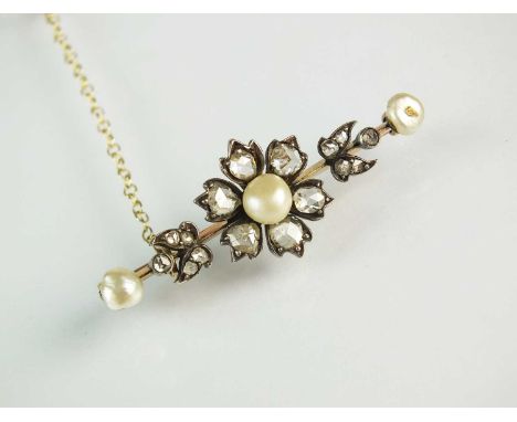 A late 19th century untested pearl and rose cut diamond bar brooch, designed as a central pearl and diamond flower flanked to