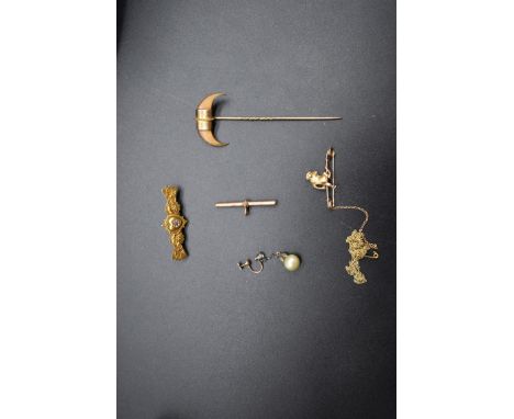 A Victorian ruby and split pearl bar brooch, stamped 15ct; together with a 9ct gold swivel; and another bar brooch, stamped 9