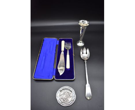 A cased pair bone handled silver fish servers, by&nbsp;John Sanderson, Sheffield 1911; together with a silver stem vase; a me