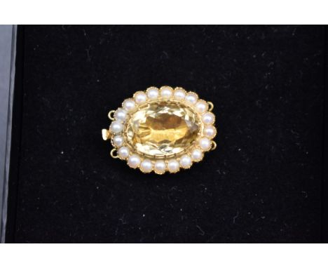 A 9ct gold oval citrine and split pearl necklace clasp, 27mm x 23mm. 