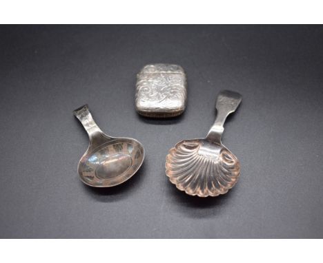 A Victorian silver shell caddy spoon,&nbsp;by&nbsp;Clement Gowland&nbsp;I, Newcastle 1847, 8.4cm; together with another silve