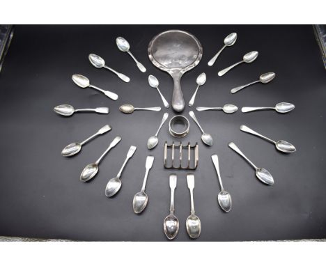 A small group of silver tea and coffee spoons; together with: a toast rack; a napkin ring; and a toilet mirror, 412g weighabl