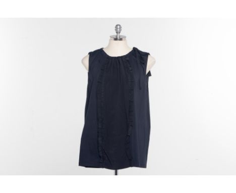 A PRADA BLACK SLEEVELESS BLOUSE
Cotton blouse with front lace and ruffle panel, with round adjustable drawstring neckline and