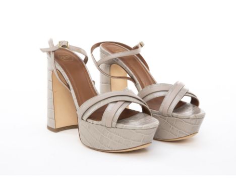A PAIR OF MALONE SOULIERS 'MILA' GREY PLATFORM HEELS EU 38.5
Light grey croc-embossed leather platform chunky heels, with cri