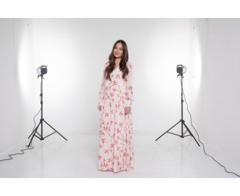 A BORGO DE NOR 'ANYA' BLUSH MAXI DRESS
Long sleeved light pink and red floral crepe maxi dress with printed dragonflies, with