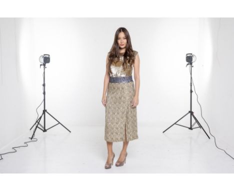 A DRIES VAN NOTEN VELVET &amp; SILK DRESS
Shimmering beige velvet slip dress with textured silk bottom half, with a slit to t
