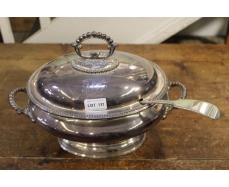 A silverplated soup tureen with ladle bearing the makers stamp Mappin and Webb London&nbsp;