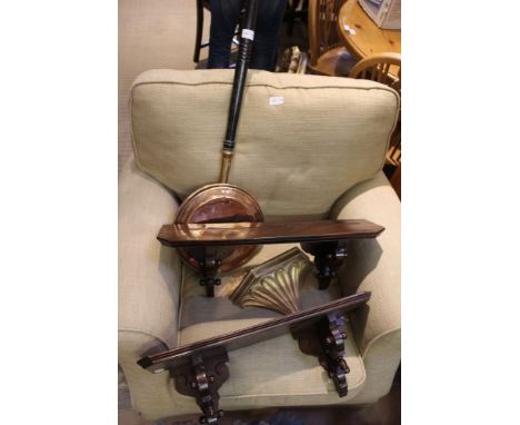 A pair of wooden wall shelves, together with a gilded wall bracket and a copperhead warming pan turned wooden handle 