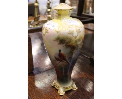 A hand painted Royal Worcester vase and cover depicting pheasants in the woodland, signed Sedgley 