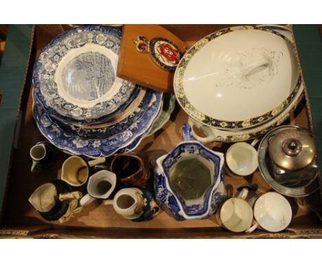 A selection of domestic pottery, together with a hallmarked silver honeypot and a Masons blue-and-white transfer decorated ju
