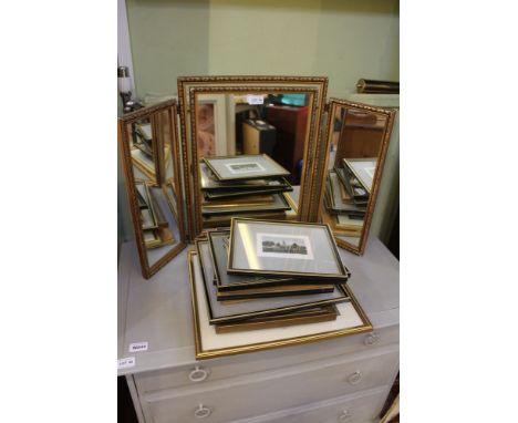 A triple plate dressing table top mirror, together with a selection of prints various to include local scene 