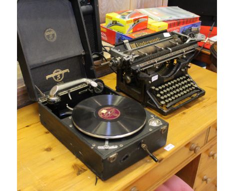 A vintage vinyl covered wind-up gramophone branded Colombia number 201, together with a vintage Underwood manual typewriter 