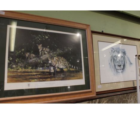 A signed limited edition David Shepherd print of clouded leopard and cubs number 622/950, together with a print portrait of a