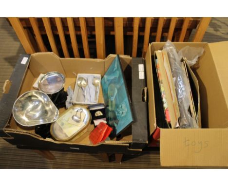 A box containing a varied selection of useful and collectable domestic items to include a hallmarked silver cantor label 