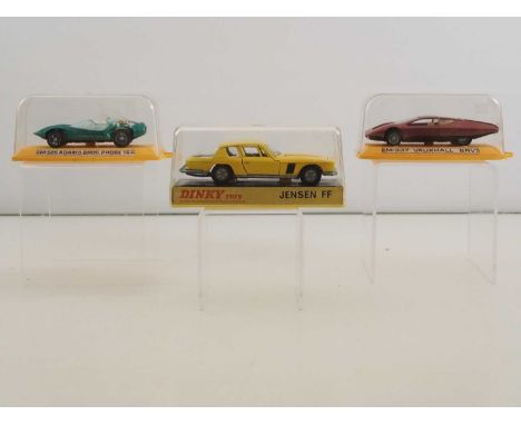 A group of 1:43 scale diecast cars comprising a DINKY 188 Jensen FF, an Auto Pilen (Spain) M505 Adams Bros Probe 16 and an Au