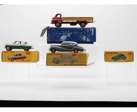 A group of DINKY Toys plus an empty box, comprising a 164 Vauxhall Cresta, two tone grey and green, a 150 Rolls Royce Silver 