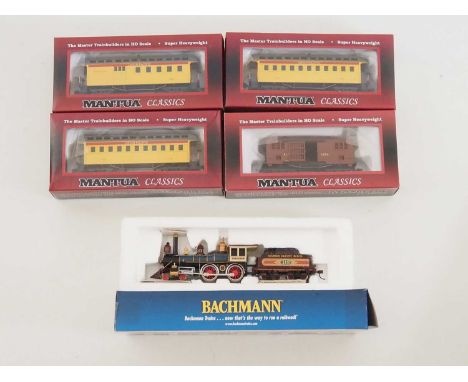 A BACHMANN HO gauge American outline Old-Timer steam locomotive together with similar passenger cars and horse car by MANTUA 