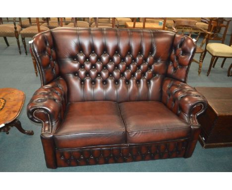 Chesterfield Burgundy Leather Highback Two Seat Sofa 