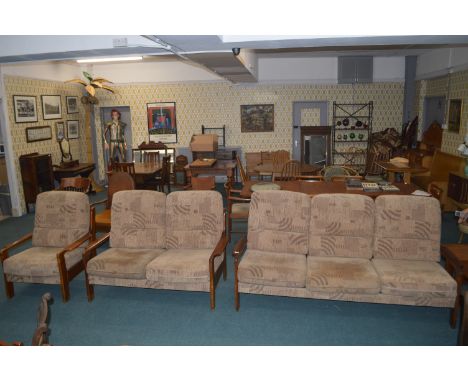 1970's Teak Three Piece Suite Comprising Three Seat Sofa, Two Seat Sofa, and Single Armchair 