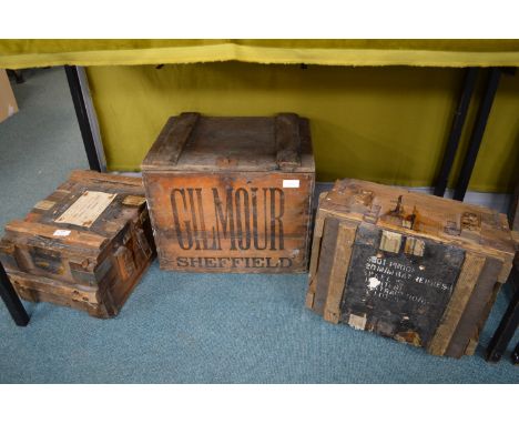 Two Royal Ordnance Ammunition Crates plus a Gilmore of Sheffield Bottle Crate