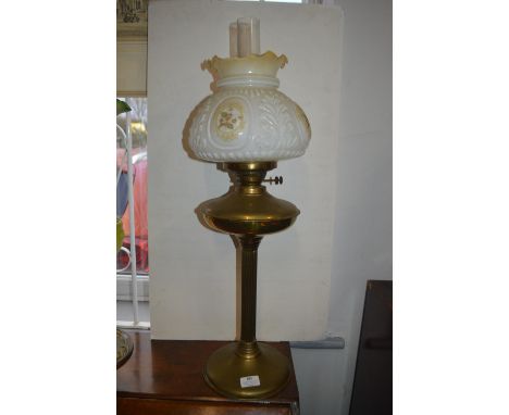 Brass Oil Lamp with White Floral Shade 