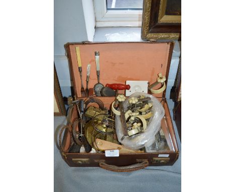 Small Vintage Case Containing Clock Part, Door Furniture, and Collectible Items