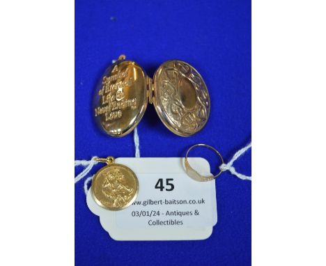 9t Gold Locket and St. Christopher Ring ~9.6g total 