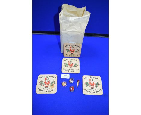 Package of ~100 Hull Brewery Christmas Beer Mats plus Four Enamelled Butlins Badges 1940’s and 50’s