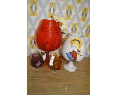 Four Decorative Brandy Glasses with Cats and Mice 