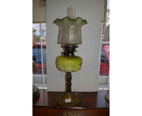 Art Nouveau Style Oil Lamp with Brass Base and Decorative Glass Shade 